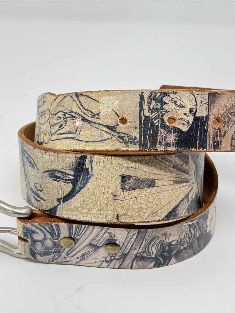 Hans Haveron Leather Art Belt Sketch Graphic Streetwear Wide Buckle. Size 36